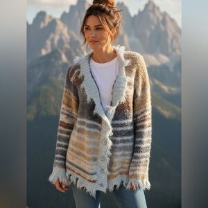 Aelfric Eden Fringed button up v-neck Cardigan in Blue and Tan L

PTP 27”